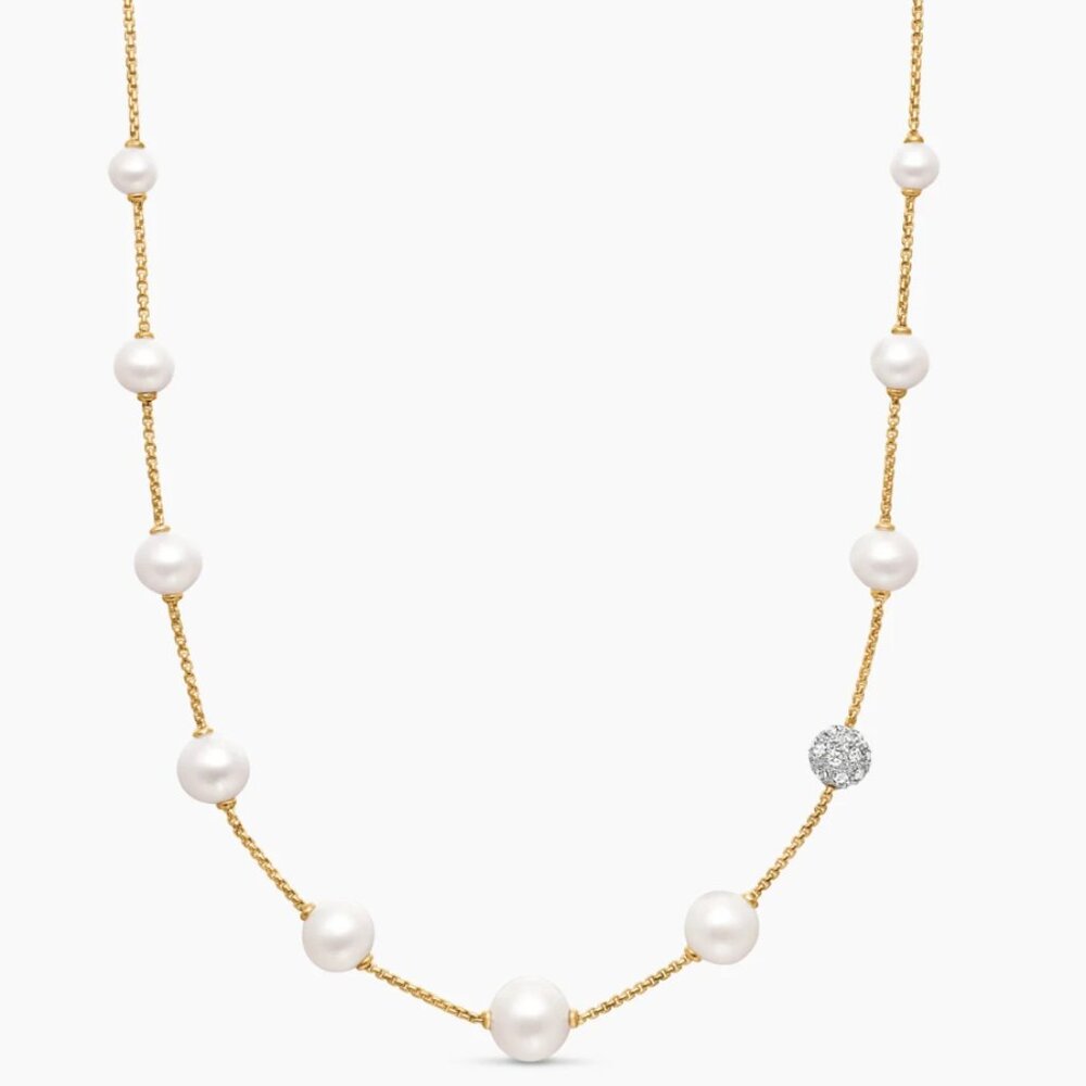 New David Yurman 18K Yellow Gold Pearl and Pavé Station Necklace